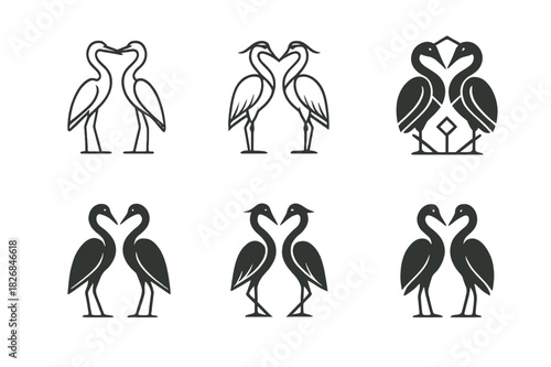 Heron Logo Variations. Herons. Icon set. Set Logo of Herons: pair of herons facing each other. harmonious logo variations of the same emblematic concept, each