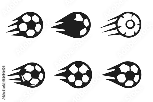 Dynamic Soccer Ball Logos. soccer ball in motion. Icon set. Set Logo of soccer ball in motion: kicked ball trajectory. harmonious logo variations of the same
