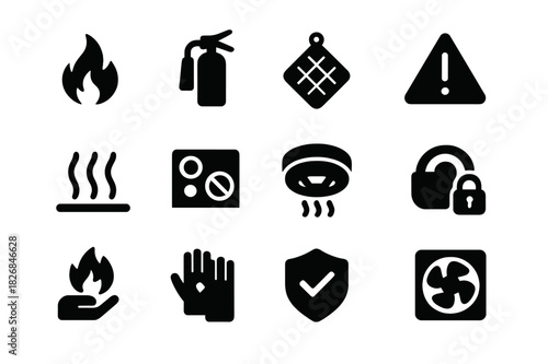 Kitchen Safety Icons. Kitchen safety. Solid icon set of Kitchen safety: flame icon, fire extinguisher, pot holder, warning sign, heat waves, stove off, smoke