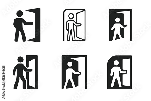 Doorway Logo Variations. holding the door open. Icon set. Set Logo of holding the door open: doorway silhouette. harmonious logo variations of the same
