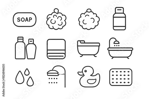 Bathroom Care Icons. Bathroom care. Line icon set of Bathroom care: soap bar, loofah, bath sponge, shower gel bottle, shampoo bottle, bath towel, bathtub,