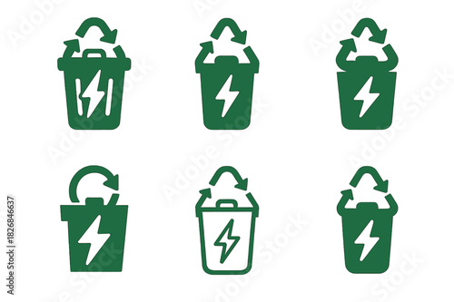 Waste-to-Energy Icons. renewable energy generation from waste. Icon set. Set Logo of renewable energy generation from waste: trash-to-power