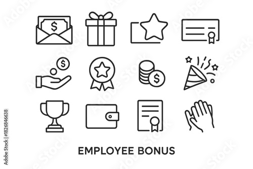 Employee Bonus Icons. Employee Bonus. Line icon set of Employee Bonus: money envelope, gift box, star badge, paycheck, hand giving coins, award ribbon,