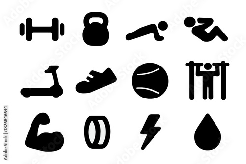 Fitness Icon Set. Fitness workout. Solid icon set of fitness workout: dumbbell, kettlebell, push up pose, sit up pose, treadmill, running shoes, gym ball, pull