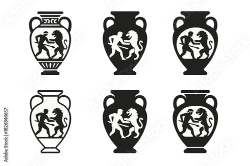 Amphora Icon Set. Historical artwork. Icon set. Set Logo of historical artwork: amphora vase with mythic motif. harmonious logo variations of the