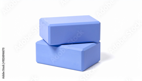 Pair of blue yoga blocks stacked together isolated on white background, fitness props for stretching, posture, meditation, wellness, exercise, gym, balance, health, training, and lifestyle stock image