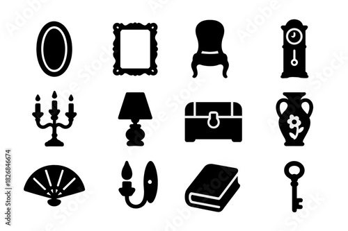 Vintage Decor Icons. Home Decor with Vintage Mirrors and Antique Pieces. Solid icon set of vintage mirror, ornate frame, antique chair, grandfather clock,
