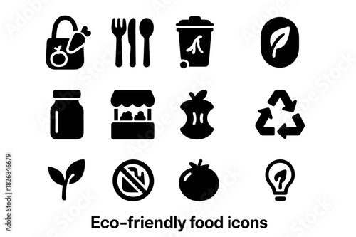 Eco-Friendly Icons. Eco-friendly food. Solid icon set of eco-friendly food: reusable bag, bamboo utensils, compost bin, organic label, glass jar, farmers