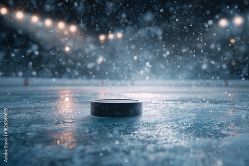 Hockey Puck on Ice Surface With Arena Lights Shining During an Evening Game
