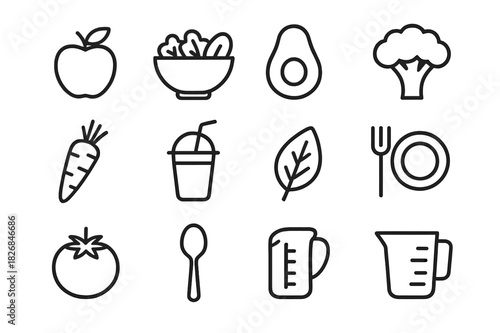 Healthy Eating Icons. Healthy eating. Line icon set of healthy eating: apple, salad bowl, avocado, broccoli, carrot, smoothie cup, leaf, fork, plate, tomato,