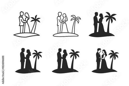 Destination Wedding Icons. Destination weddings and honeymoon destinations. Icon set. Set Logo of destination weddings: couple silhouette on island. harmonious
