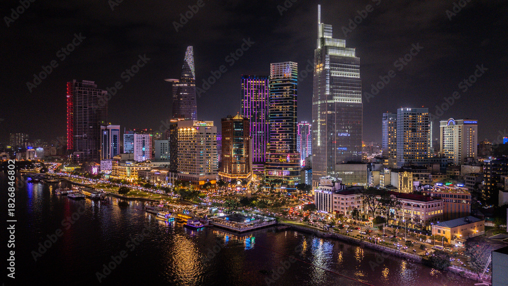 Fototapeta premium Night view of Ho Chi Minh city, taken by drone