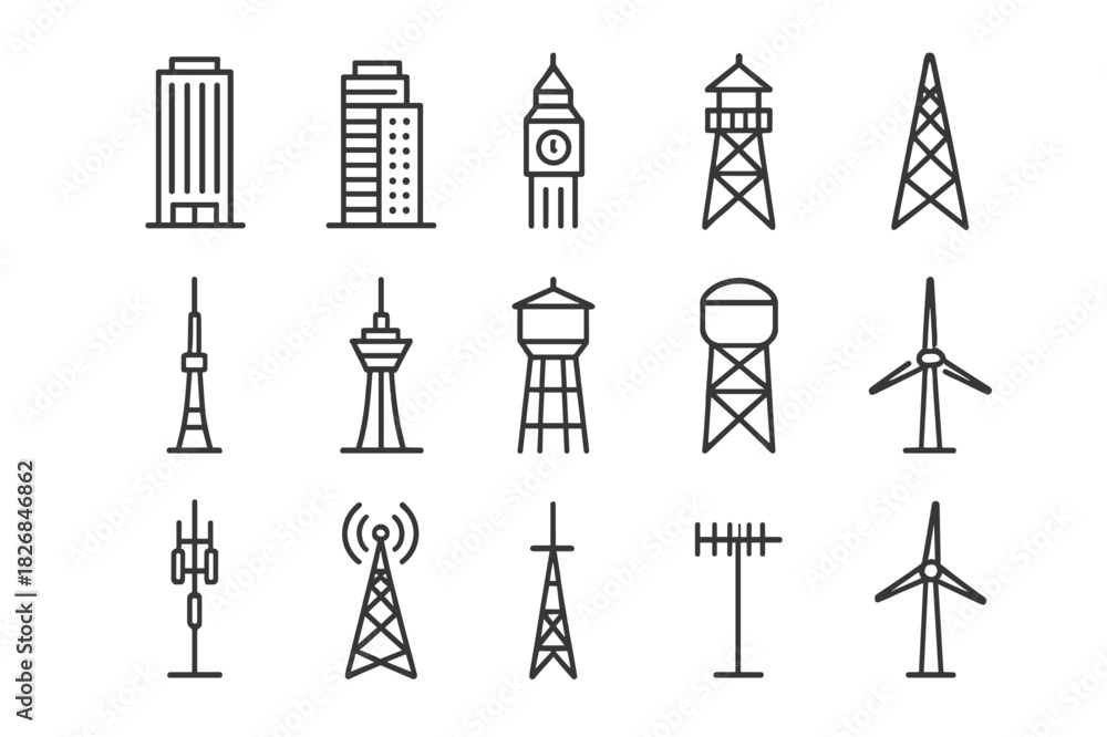 Fototapeta premium Skyscraper & Tower Icons. Skyscraper and tower types. Line icon set of Skyscraper and tower types: office skyscraper, mixed-use high-rise, clock tower, fire