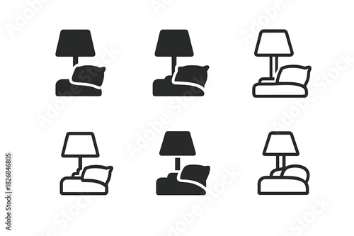 Bedtime Logo Variations. Making the bed for the night. Icon set. Set Logo of making the bed for the night: bedside lamp and pillow. harmonious logo variations