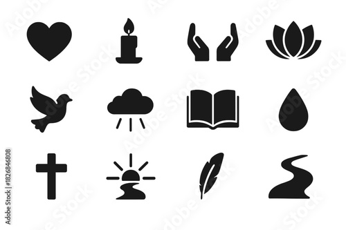 Symbols of Solace. Finding solace in times of suffering. Solid icon set of finding solace in times of suffering: heart, candle, open hands, lotus flower, dove,