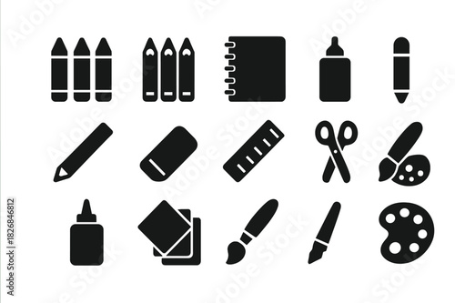 Kids Art Supplies Icons. Kids art supplies. Solid icon set of Kids art supplies: crayons, colored pencils, sketchbook, marker, pencil, eraser, ruler, scissors,
