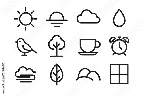 Morning Icon Collection. Early morning. Line icon set of early morning: sun, horizon, cloud, dew drop, bird, tree, cup, alarm clock, mist, leaf, hill, window.