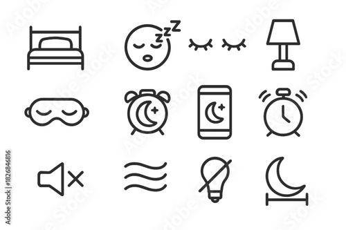 Bedtime Icon Set. Bedtime icons. Line icon set of bedtime icons: bed with pillow, sleeping face, closed eyes icon, nightstand lamp, sleep mask, moon clock,