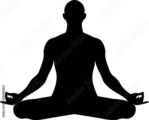 Vector. Minimalistic black silhouette of a person, sitting in a lotus yoga pose. Symbolizing meditation, mindfulness, inner peace. For logos, wellness branding, yoga studios, spiritual content, poster