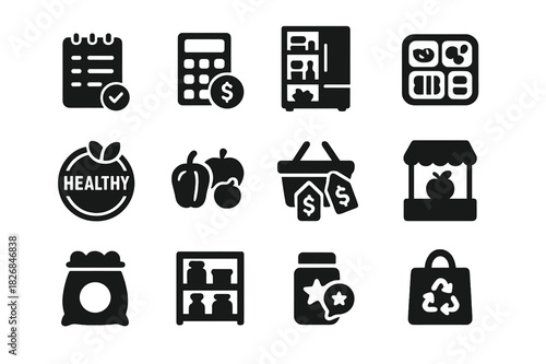 Grocery Icon Set. Grocery habits. Solid icon set of Grocery habits: weekly list, budget icon, full fridge, meal prep, healthy label, fresh choice, compare