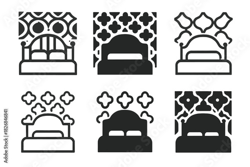 Wallpaper Decor Icons. Creative Ways to Use Wallpaper in Home Decor. Icon set. Set Logo of Creative Ways to Use Wallpaper in Home Decor: patterned headboard