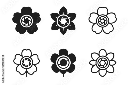 Nature Photoshoot Logos. May photoshoot in nature. Icon set. Set Logo of nature photoshoot: blooming flowers and lens. harmonious logo variations of the same
