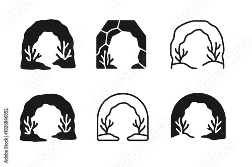 Underwater Cave Icons. underwater caves. Icon set. Set Logo of underwater caves: cave ceiling with coral. harmonious logo variations of the same emblematic