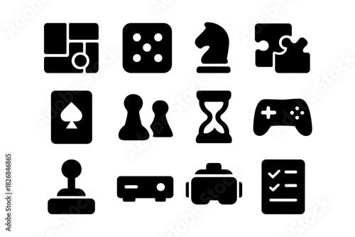 Game Icon Set. Game Night. Solid icon set of board game, dice, chess piece, puzzle piece, playing card, tokens, timer, game controller, joystick, console, VR