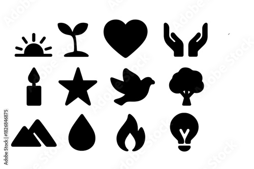 Hope and Renewal Icons. Hope and renewal. Solid icon set of hope and renewal: sunrise, sprout, heart, hands, candle, star, dove, light bulb, mountain, water