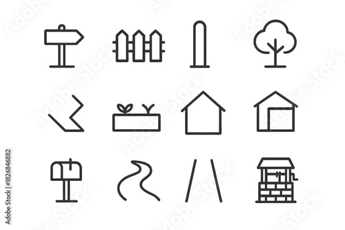 Plot Marker Icons. Plot boundary markers. Line icon set of Plot boundary markers: signpost, fence, boundary marker, tree, parcel line, garden bed, house