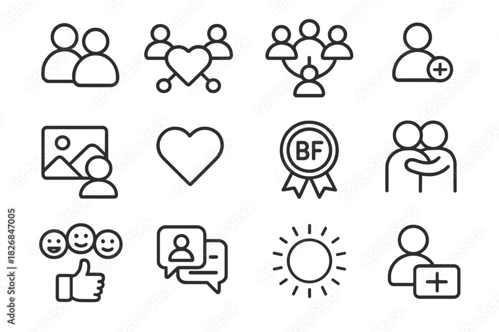 Fototapeta premium Online Friendship Icons. Friendship online. Line icon set of friendship online: people icon, heart with connection, mutual friends, friend request icon, shared