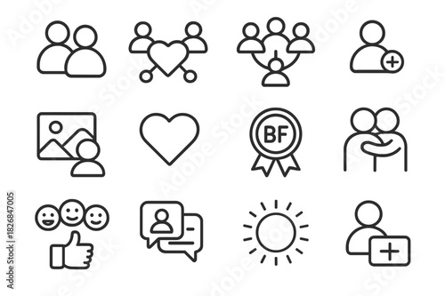 Online Friendship Icons. Friendship online. Line icon set of friendship online: people icon, heart with connection, mutual friends, friend request icon, shared