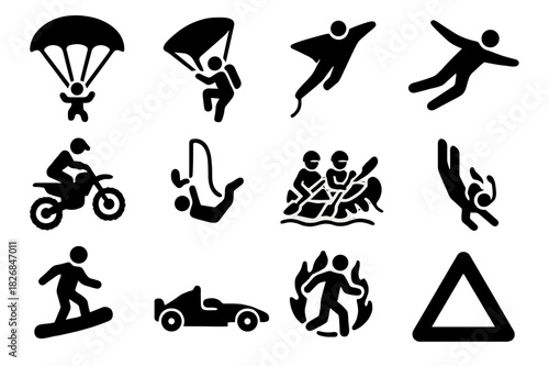 High-Risk Activity Icons. High-Risk Activities. Solid icon set of High-Risk Activities: parachuting, rock climbing, base jumping, skydiving, motocross, bungee