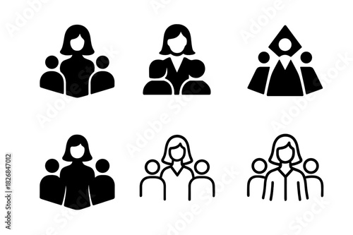 Women Leadership Icons. women in leadership. Icon set. Set Logo of women in leadership: teamwork empowerment. harmonious logo variations of the same emblematic
