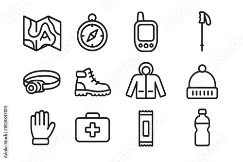 Mountain Hiking Icons. Mountain hiking essentials. Line icon set of mountain hiking essentials: topographic map, compass, gps device, trekking pole, headlamp,