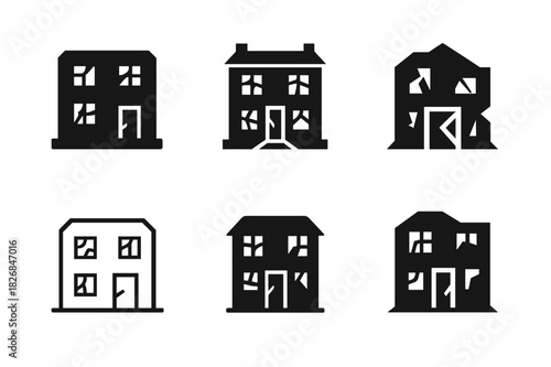 Abandoned Building Icons. Abandoned building. Icon set. Set Logo of abandoned building: broken windows and doors. harmonious logo variations of the same