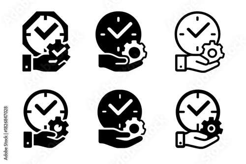 Work Ethic Icons. work ethic. Icon set. Set Logo of work ethic: clock with productive action icons. harmonious logo variations of the same emblematic concept,