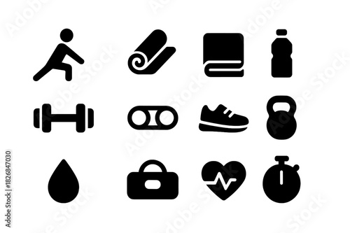 Fitness Icon Set. Fitness stretch. Solid icon set of Fitness stretch: person stretching, yoga mat, towel, water bottle, dumbbell, resistance band, sneaker,