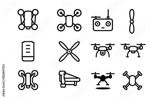 Foldable Drone Icons. Foldable Drones. Line icon set of Foldable Drones: folded drone, quadcopter, drone in flight, drone controller, drone battery, drone