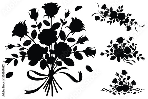 Black silhouette rose bouquets and floral elements