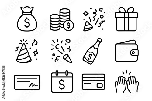 Payday Icon Celebration. Payday Celebration. Line icon set of Payday Celebration: money bag, coins stack, dollar bills, gift box, party hat,