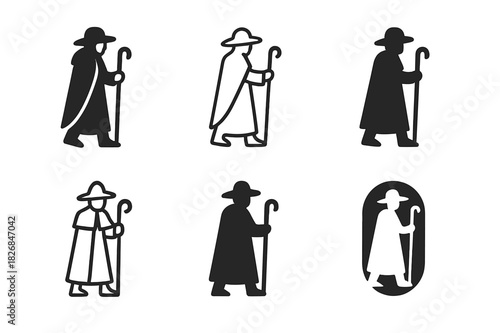 Pilgrim Icon Variations. Holy pilgrimage. Icon set. Set Logo of Holy pilgrimage: Pilgrim holding lantern. harmonious logo variations of the same emblematic