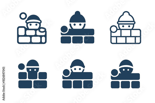 Varied Snowball Icons. Snowball fight. Icon set. Set Logo of snowball fight: snow fort wall with peeking defender. harmonious logo variations of the same