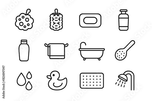 Bath Accessories Icons. Bath accessories. Line icon set of Bath accessories: bath sponge, loofah, soap bar, shower gel bottle, shampoo bottle, bath towel,