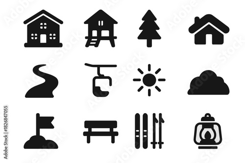 Mountain Resort Icons. Mountain resort. Solid icon set of Mountain resort: chalet, ski lodge, pine tree, snow-covered roof, path, lift tower, sun icon,