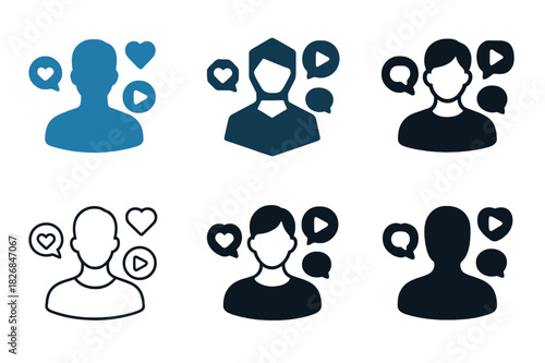 Digital Influencer Icons. Digital avatars as social media influencers. Icon set. Set Logo of digital influencer: avatar surrounded by social media icons.