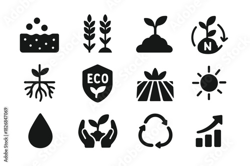 Harvest Benefit Icons. Harvest and benefits. Solid icon set of Harvest and benefits: healthy soil, crop yield, plant growth, nitrogen cycle, roots, eco badge,