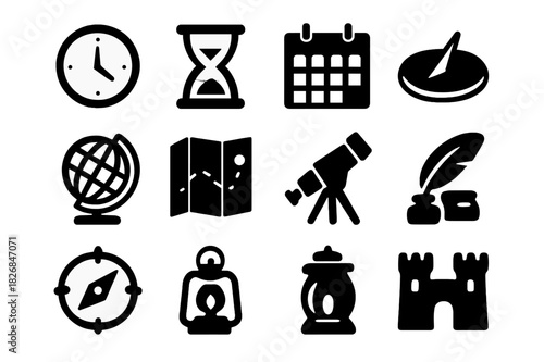 Chronology Icon Set. Chronological exploration. Solid icon set of Chronological exploration: clock, hourglass, calendar, sundial, globe, map, telescope, quill,