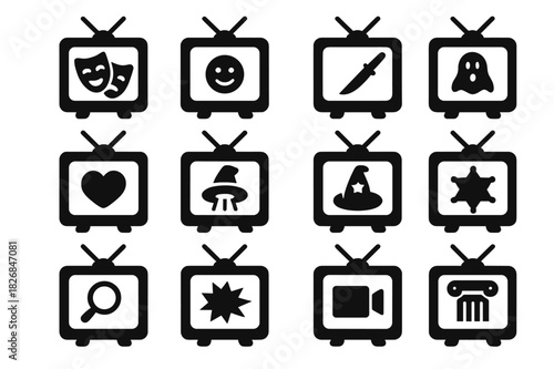 TV Genre Icons. TV genres. Solid icon set of TV genres: drama, comedy, thriller, horror, romance, sci-fi, fantasy, crime, mystery, action, documentary,