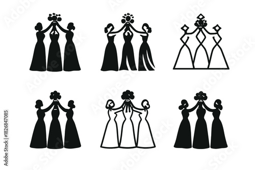 Bridesmaids Logo Variations. Bridesmaids in matching dresses. Icon set. Set Logo of bridesmaids in matching dresses: Hands holding bouquets in